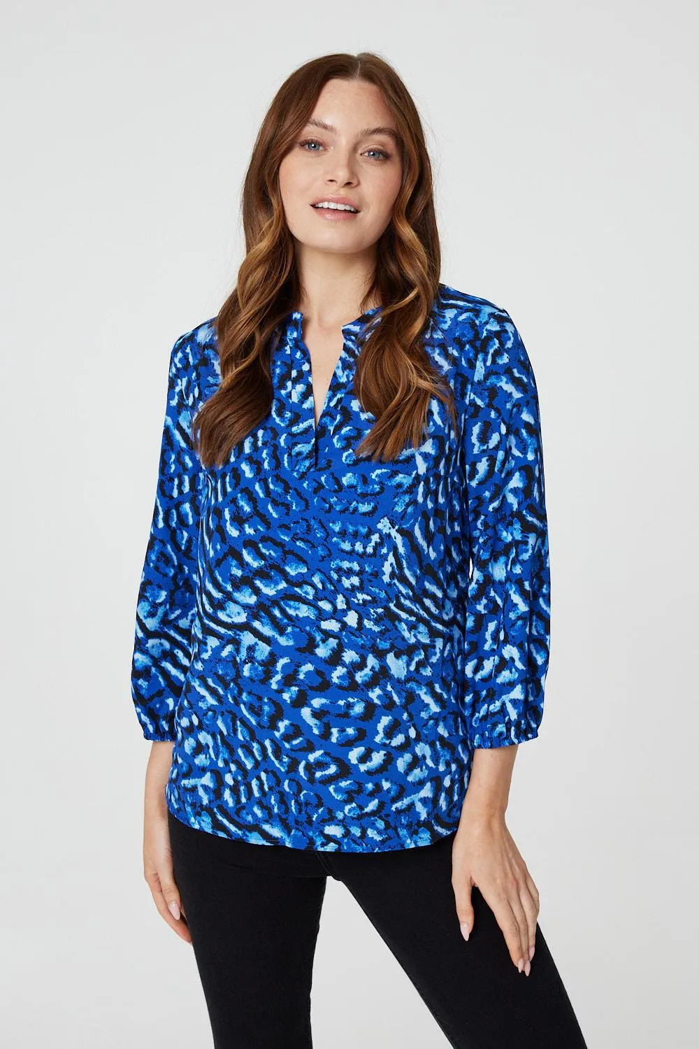 Animal Print Collarless Shirt Top