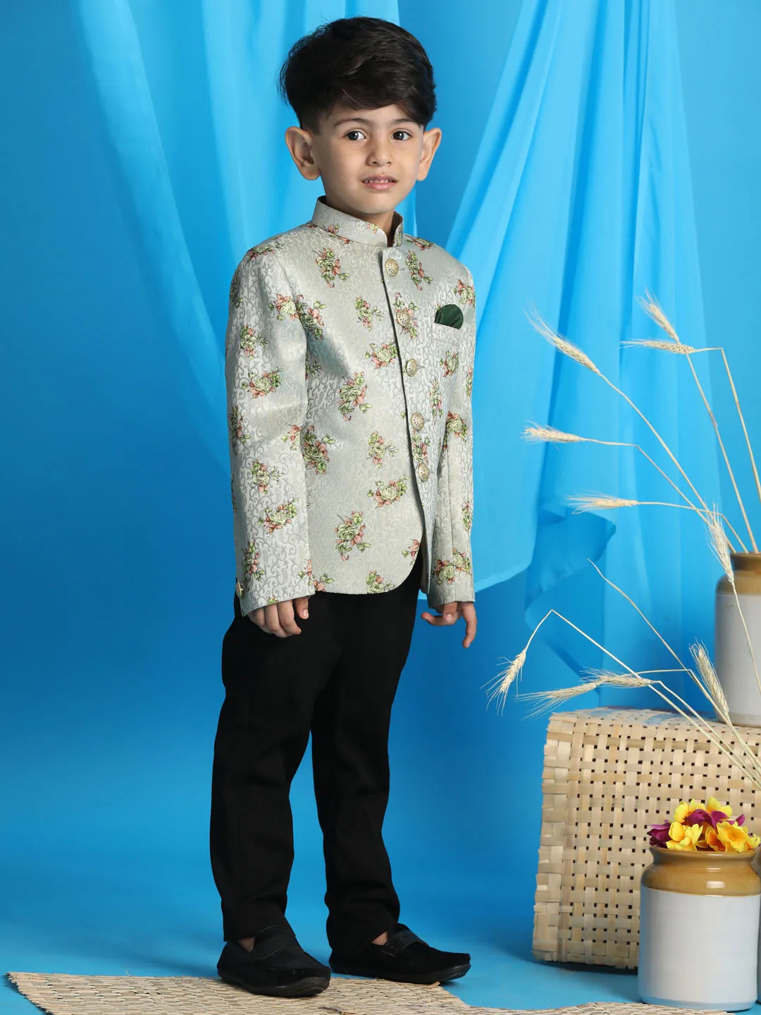 Jashvi Boy's Light Green Woven Design Jodhpuri