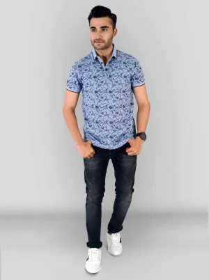 Jasper Blue Printed Slim Fit Polo T-shirt | Greenfibre