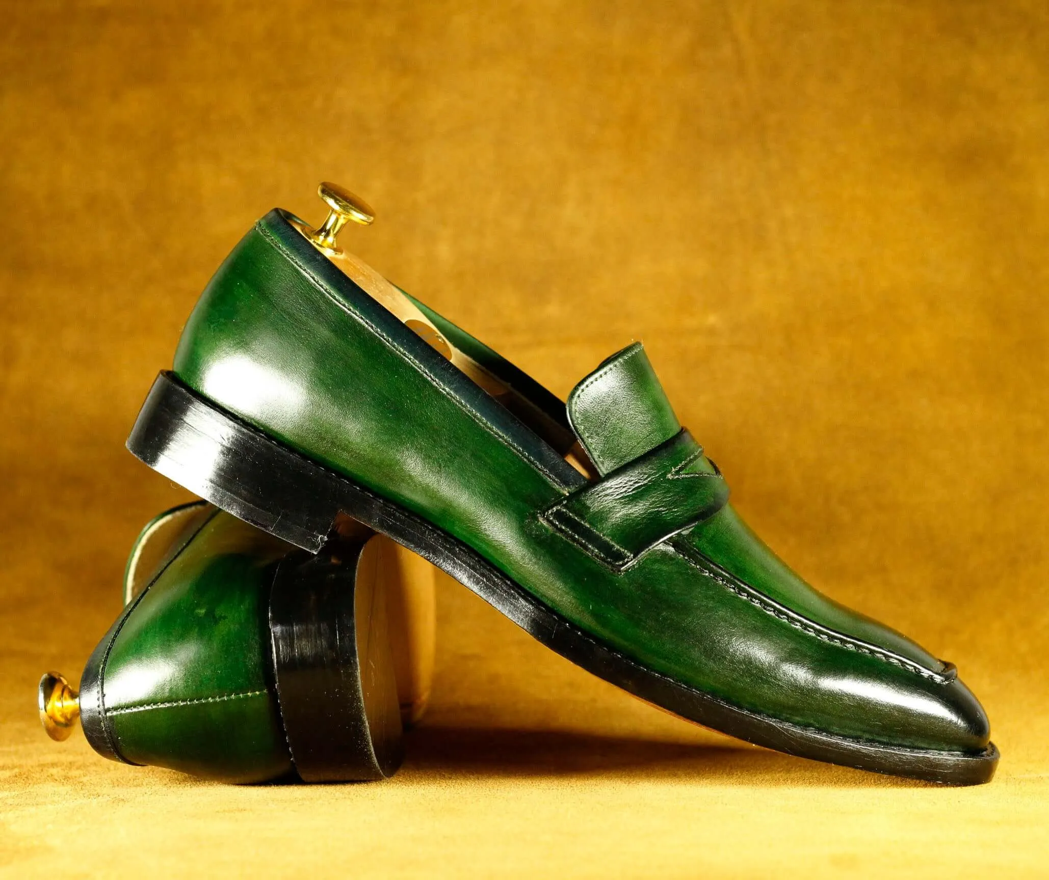 Men's Leather Green Penny Loafer Shoes,Hand Painted Party Shoes