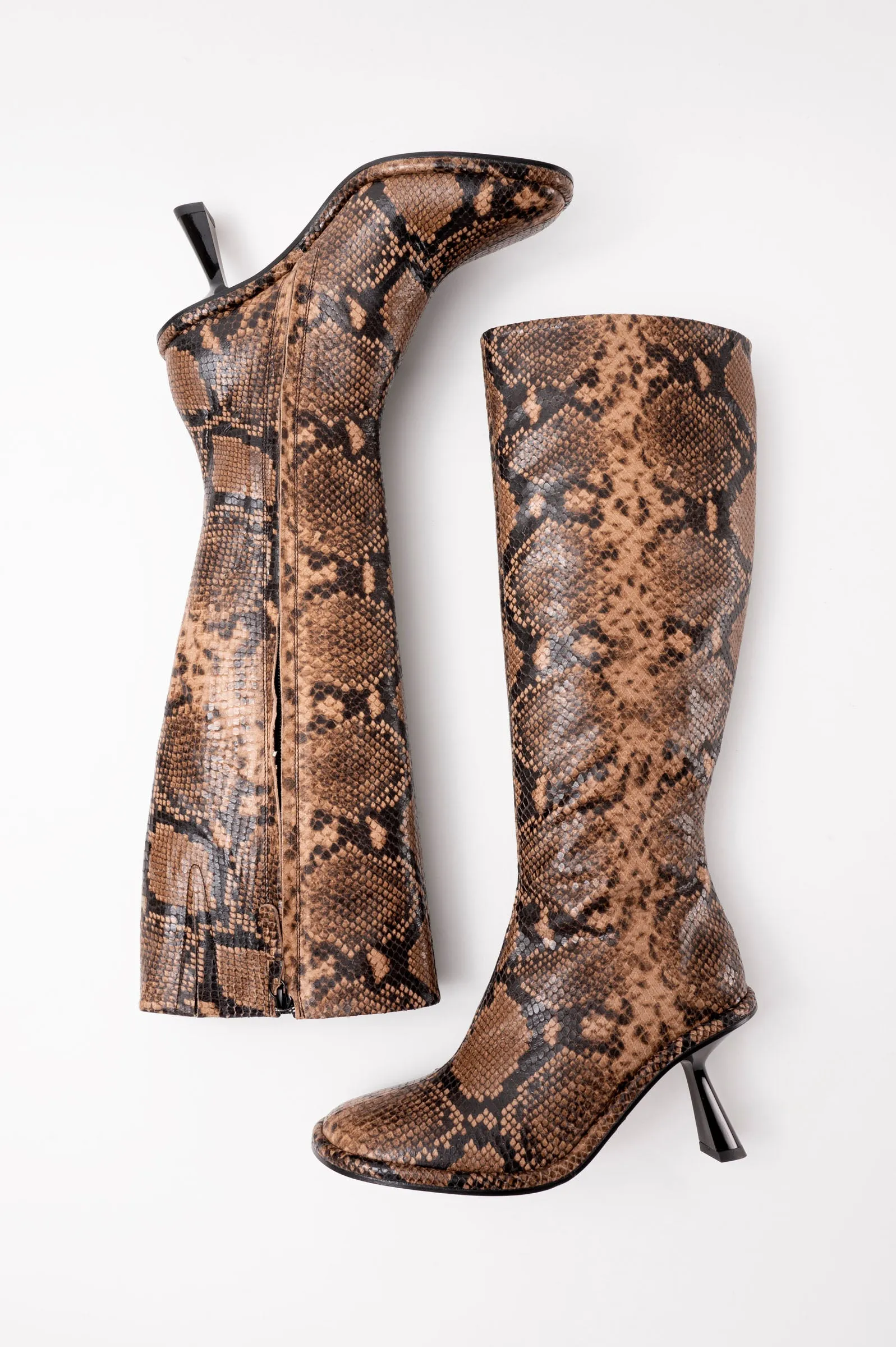 RIANA - Dark Brown Python Leather Knee High Boots